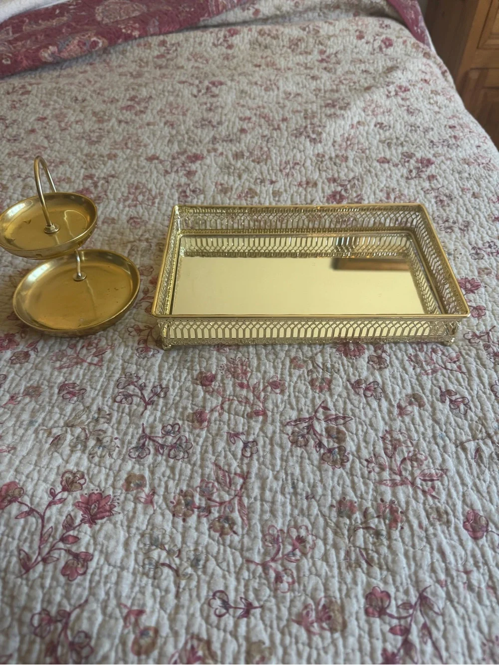 Gold Decorative Vanity Tray and Two-Tier Stand - Elegant Home Bath Accent